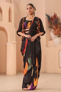 Picture of Dashing Black Printed Designer Ready to Wear Saree with Jacket And Skirt for Party and Sangeet