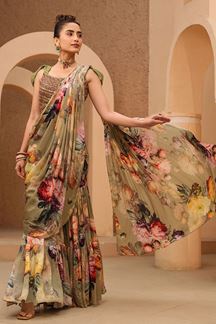 Picture of Stylish Floral Printed Designer Pre-Draped Saree With  Palazzo for Haldi and Mehendi
