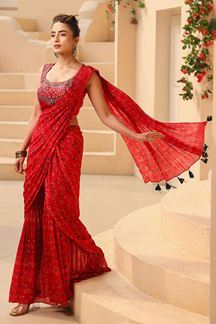 Picture of Amazing Red Designer Pre-Draped Saree with Palazzo for Party and Sangeet
