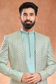 Picture of Delightful Sky Blue Designer Menswear 3 Piece Open Jodhpuri Set for Engagement and Sangeet