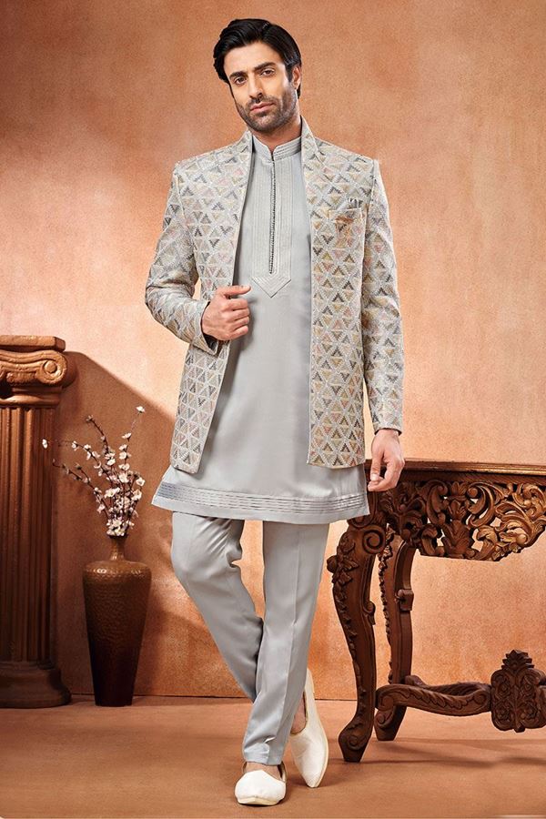 Picture of Elegant Grey Designer Menswear 3 Piece Open Jodhpuri Set for Wedding and Engagement