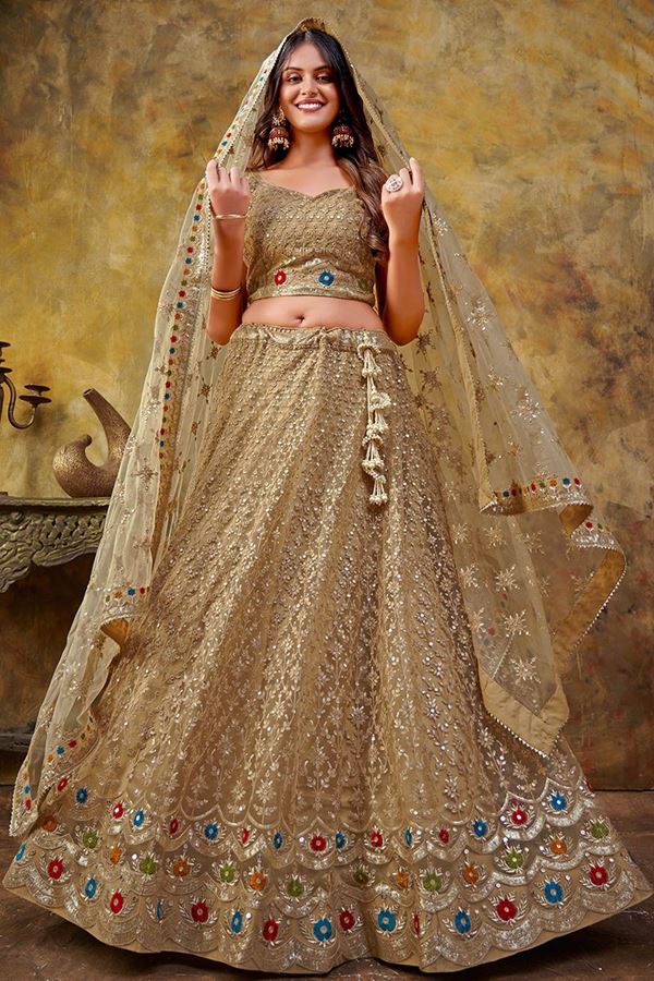 Picture of Impressive Golden Premium Net Designer Indo-Western Lehenga Choli for Engagement and Sangeet