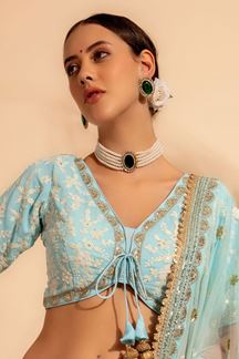 Picture of Flamboyant Sky Blue Pure Georgette Designer Indo-Western Lehenga Choli for Engagement and Sangeet