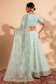 Picture of Flamboyant Sky Blue Pure Georgette Designer Indo-Western Lehenga Choli for Engagement and Sangeet