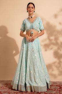 Picture of Flamboyant Sky Blue Pure Georgette Designer Indo-Western Lehenga Choli for Engagement and Sangeet