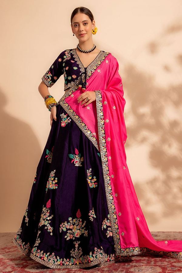 Picture of Striking Dark Purple Designer Indo-Western Lehenga Choli for Party and Sangeet