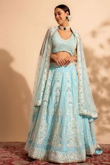 Picture of Dazzling Sky Blue Premium Georgette Designer Indo-Western Lehenga Choli for Engagement and Sangeet