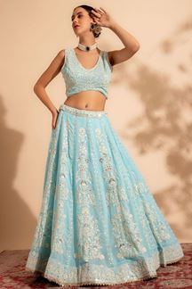 Picture of Dazzling Sky Blue Premium Georgette Designer Indo-Western Lehenga Choli for Engagement and Sangeet