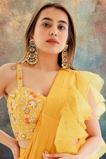 Picture of Trendy Yellow Designer Ready to Wear Saree with Ruffles for Haldi and Wedding