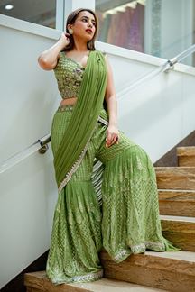 Picture of Outstanding Saree Style Designer Indo-Western Outfit for Haldi and Mehendi