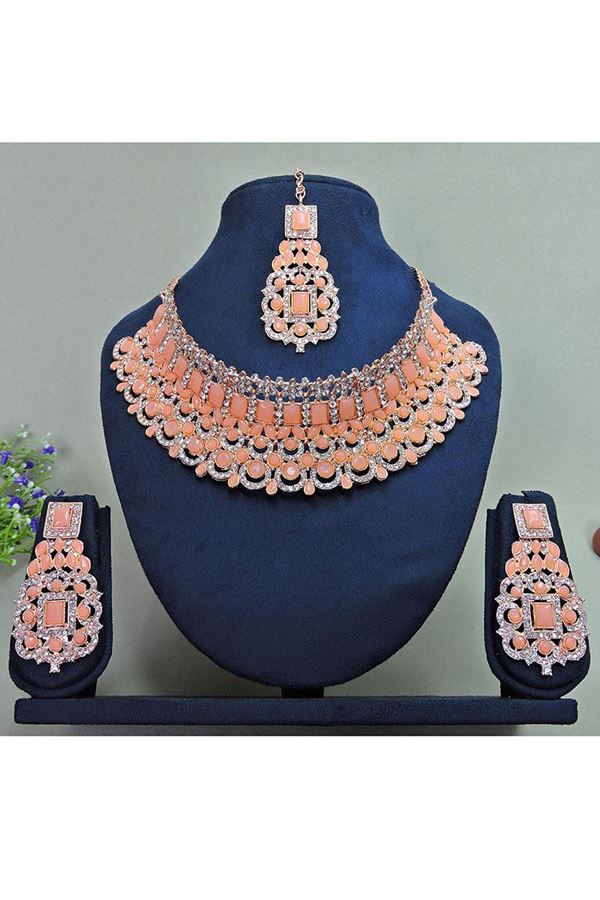 Picture of Spectacular Rose Peach Designer Necklace Set for Party