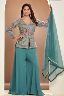 Picture of Irresistible Turquoise Designer Palazzo Suit for Party