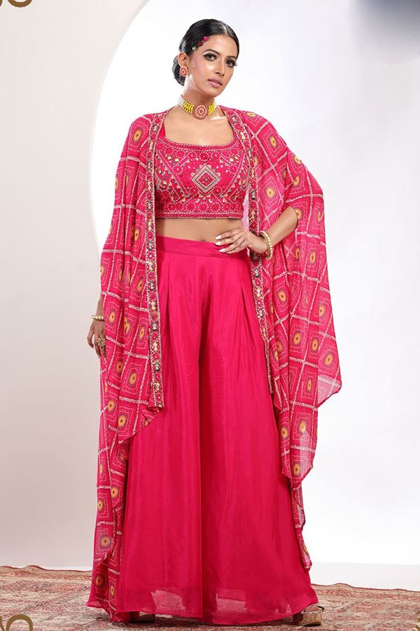 Picture of Pretty Bandhani Printed Pink Designer Palazzo Suit for Festive wear and Wedding 