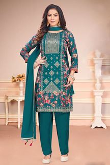 Picture of Attractive Teal Art Silk Designer Straight Cut Suit for a Party