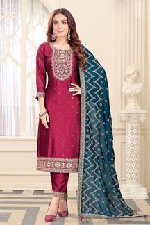 Picture of Outstanding Magenta Art Silk Designer Straight Cut Suit for a Party
