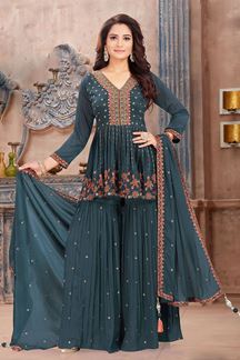 Picture of Striking Teal Designer Gharara Suit for Party