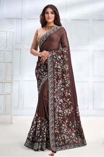 Picture of Splendid Floral Embroidered Designer Saree for Wedding and Reception 
