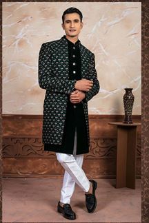 Picture of Awesome Black Designer Indo-Western Nawabi Style Set for Reception and Party
