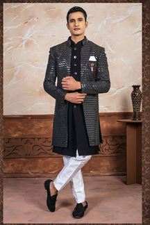 Picture of Dashing Black Designer Indo-Western Sherwani for Reception and Party