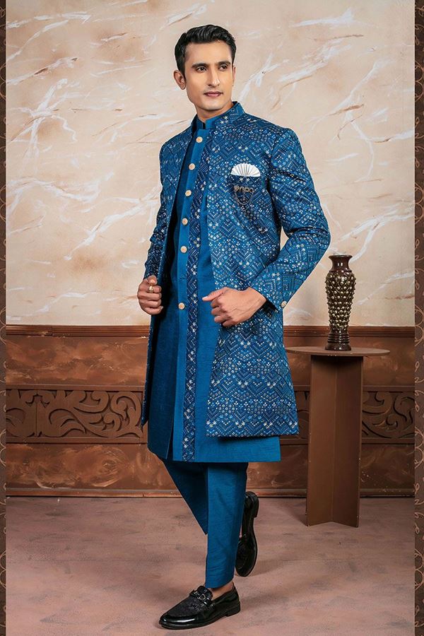 Picture of Splendid Peacock Rama Designer Indo-Western Sherwani Set for Wedding and Sangeet