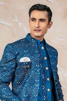 Picture of Splendid Peacock Rama Designer Indo-Western Sherwani Set for Wedding and Sangeet