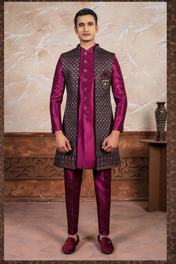 Picture of Spectacular Wine Designer Indo-Western Nawabi Style Sherwani Set for Sangeet