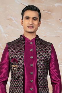 Picture of Spectacular Wine Designer Indo-Western Nawabi Style Sherwani Set for Sangeet