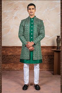 Picture of Charismatic Green Designer Indo-Western Sherwani Set for Engagement and Wedding 