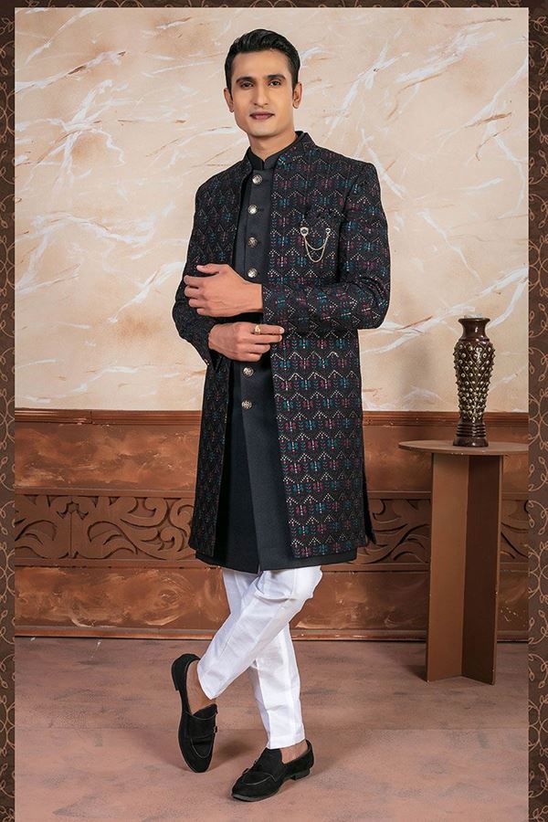 Picture of Exuberant Black Designer Indo-Western Sherwani Set for Reception and Party