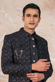 Picture of Exuberant Black Designer Indo-Western Sherwani Set for Reception and Party