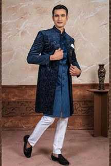 Picture of Awesome Blue Designer Indo-Western Sherwani Set for Engagement and Reception