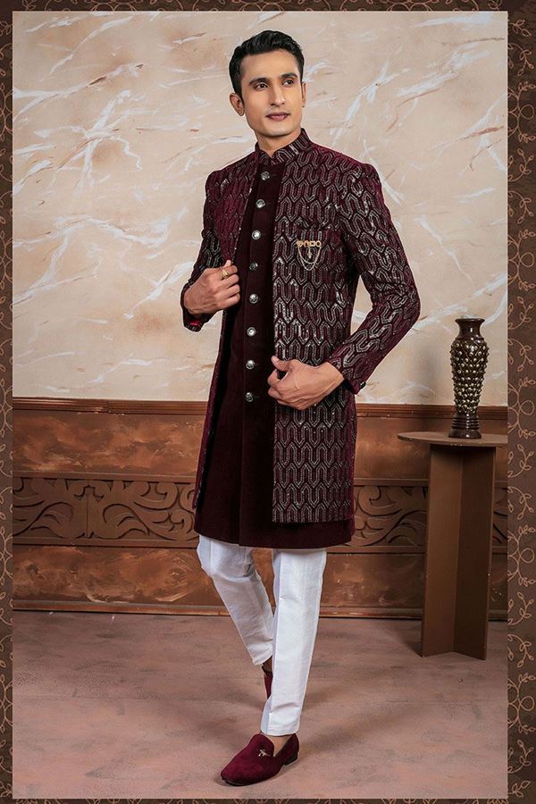 Picture of Dashing Maroon Designer Sherwani Set for Wedding and Reception