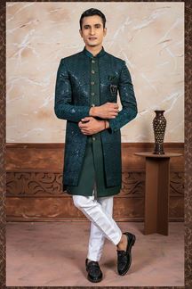 Picture of Fancy Green Designer Indo-Western Nawabi Style Sherwani Set for Wedding