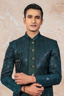 Picture of Fancy Green Designer Indo-Western Nawabi Style Sherwani Set for Wedding