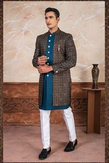 Picture of Magnificent Peacock Rama Designer Indo-Western Sherwani Set for Wedding and Sangeet