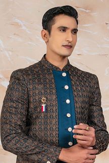 Picture of Magnificent Peacock Rama Designer Indo-Western Sherwani Set for Wedding and Sangeet