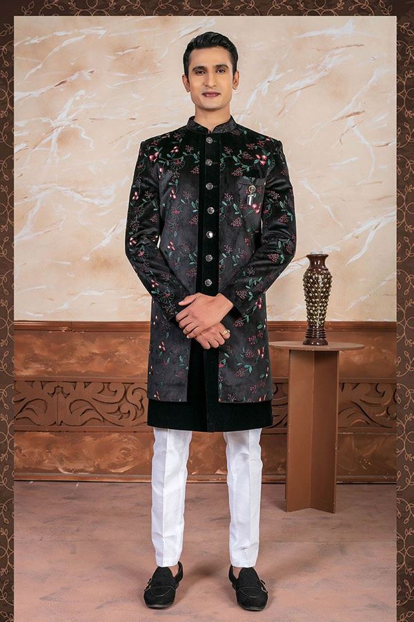 Picture of Fashionable Black Designer Indo-Western SherwaniSet for Sangeet