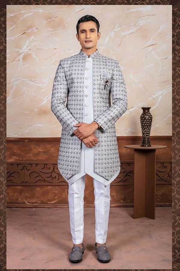 Picture of Appealing Gray Designer Indo-Western Sherwani Set for Engagement and Reception