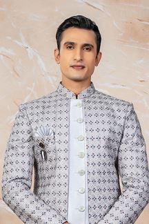 Picture of Appealing Gray Designer Indo-Western Sherwani Set for Engagement and Reception