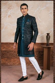 Picture of Classy Peacock Rama Designer Indo-Western Sherwani for Wedding and Sangeet