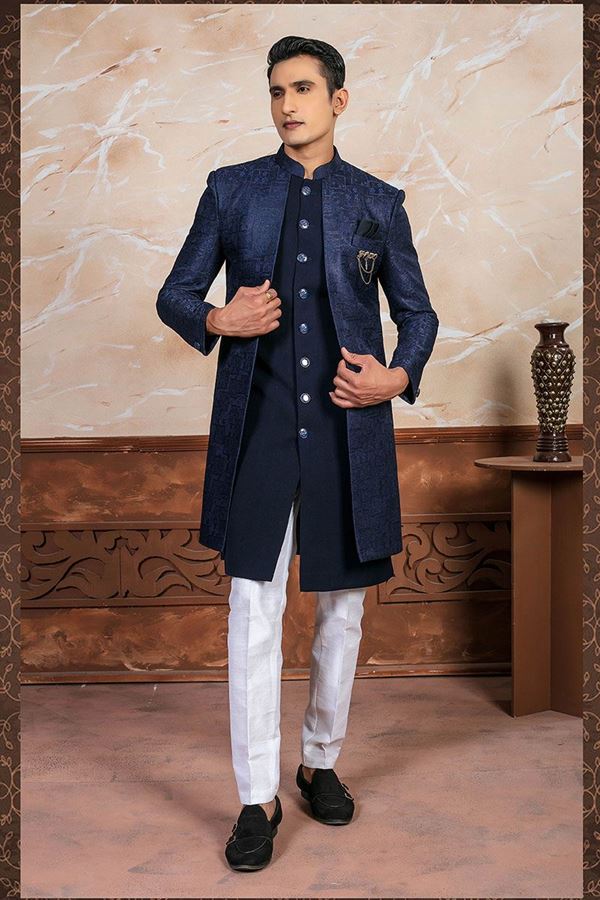 Picture of Exuberant Blue Designer Indo-Western Sherwani Set for Sangeet and Reception