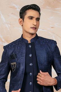 Picture of Exuberant Blue Designer Indo-Western Sherwani Set for Sangeet and Reception