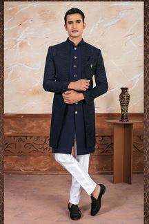 Picture of Exquisite Blue Designer Indo-Western Sherwani for Sangeet and Reception