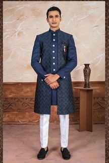 Picture of Aesthetic Blue Designer Indo-Western Sherwani Set for Sangeet and Engagement