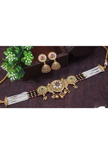 Picture of Classy Gold Designer Rajwadi Choker Necklace Set for a Reception and Sangeet