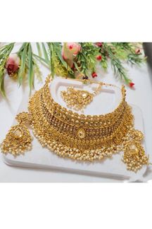 Picture of Aesthetic Gold Designer Choker Necklace Set for a Wedding, Reception, and Festivals