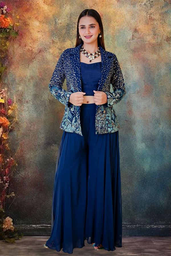 Picture of Splendid Navy Blue Georgette Designer Indo-Western Suit with Jacket Suit