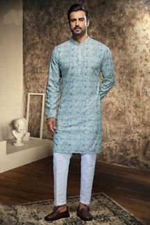 Picture of Fashionable Light Blue Designer Kurta and Pant Set for Festivals and Sangeet