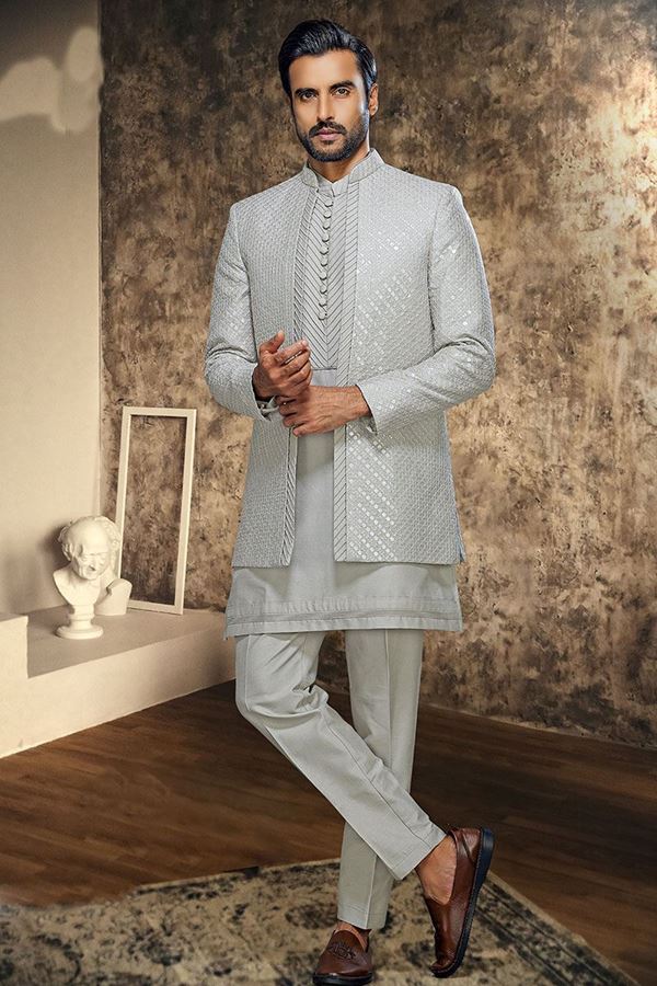 Picture of Awesome Grey Designer Indo-Western Nawabi Style Sherwani for Engagement and Reception