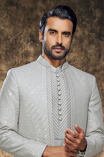 Picture of Awesome Grey Designer Indo-Western Nawabi Style Sherwani for Engagement and Reception